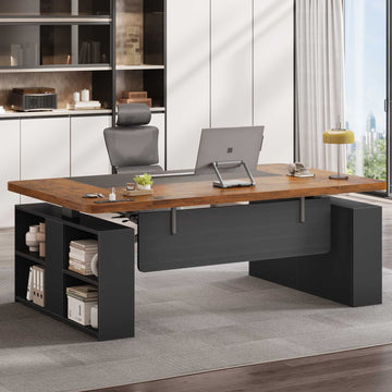 SEDETA® 63 Inch Electric Standing Desk Height Adjustable Executive Desk Ergonomic Computer Office Desk with Power Outlets Open Shelves Privacy Panel