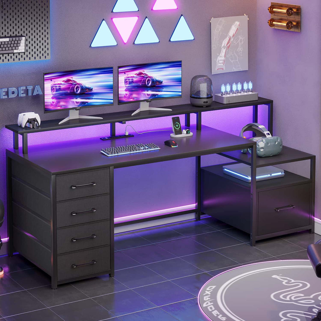 SEDETA - 66 Inch Computer Desk Home Office Desk Gaming Desk with Led Lights Power Outlet 5 File Drawer Storage Shelves Printer Cabinet and Monitor Shelf