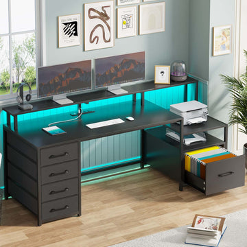 SEDETA - 66 Inch Computer Desk Home Office Desk Gaming Desk with Led Lights Power Outlet 5 File Drawer Storage Shelves Printer Cabinet and Monitor Shelf