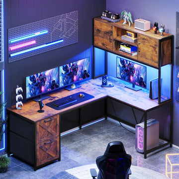 SEDETA - 62.2 Inch L Shaped Gaming Desk Reversible Computer Desk Gaming Desk with Led Lights Power Outlet Fabric Drawers Hutch and Storage Shelf