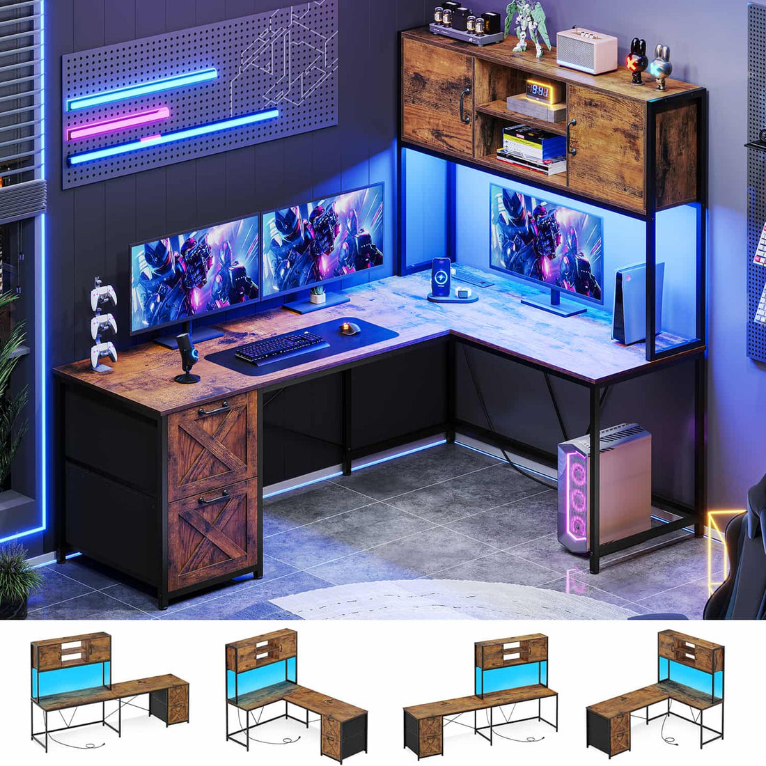 SEDETA - 62.2 Inch L Shaped Gaming Desk Reversible Computer Desk Gaming Desk with Led Lights Power Outlet Fabric Drawers Hutch and Storage Shelf