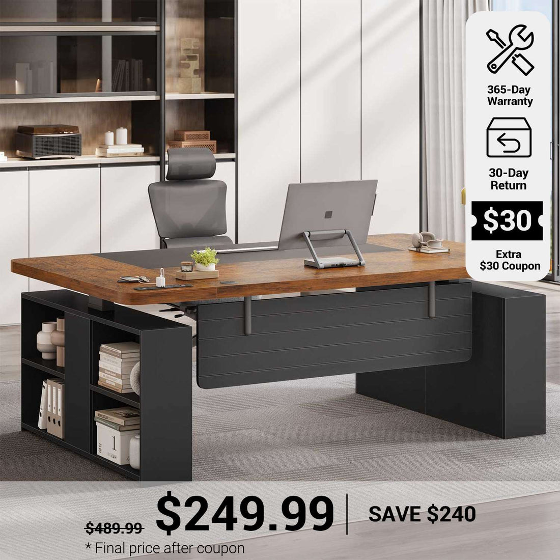 SEDETA® 63 Inch Electric Standing Desk Height Adjustable Executive Desk Ergonomic Computer Office Desk with Power Outlets Open Shelves Privacy Panel