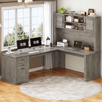 SEDETA® 68.9 Inch Farmhouse Executive Desk L Shaped Computer Desk with File Drawer and Storage Shelves
