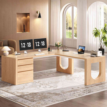 SEDETA® 63 Inch Wood L Shaped Computer Desk Modern Executive Office Desk with U-Shaped Legs Relief Texture Power Outlet 3 File Drawers