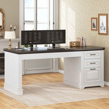 SEDETA 55 Inch Executive Computer Desk with 3 Drawers & Power Outlet, Classical American Style Farmhouse Engineered Wood Table