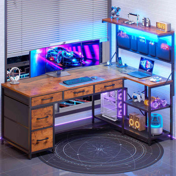 SEDETA | 47.2 Inch Reversible L Shaped Computer Desk with LED Lights & Drawers, Corner Gaming Desk with Power Outlet, Storage Shelves