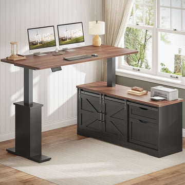 SEDETA | 55 Inch Height Electric Adjustable L Shaped Farmhouse Standing Desk with Storage Drawers and Power Outlets for Home Office
