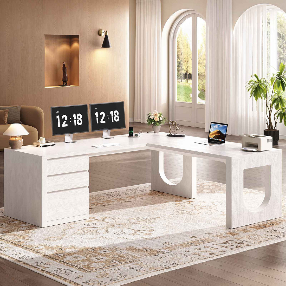 SEDETA® 63 Inch Wood L Shaped Computer Desk Modern Executive Office Desk with U-Shaped Legs Relief Texture Power Outlet 3 File Drawers