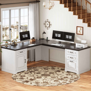 SEDETA 69 Inch Executive L Shaped Computer Desk with Drawers and Storage Cabinet Power Outlets Classical American Style