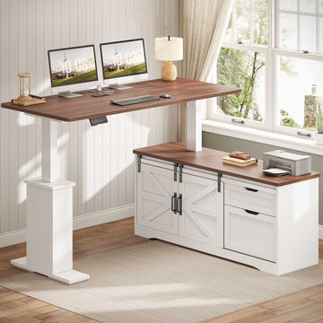 SEDETA 55 Inch L-Shaped Electric Standing Desk Height Adjustable with Storage Drawers, Farmhouse Computer Desk, Power Outlets, Home Office