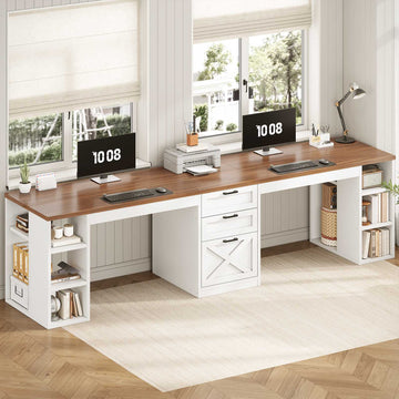 SEDETA 96.5 Inch Two Person Computer Desk with Drawers, Long Writing Desk, Storage Shelves, Farmhouse Engineered Wood Furniture