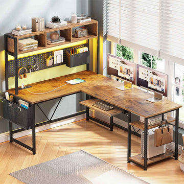 SEDETA | 57.5 Inch LED L Shaped Reversible Gaming Computer Desk with Pegboard Power Outlet Storage Shelves