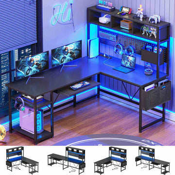 SEDETA 57.5 Inch L Shaped Reversible Corner Computer Desk Gaming Desk with LED Lights Power Outlet Pegboard