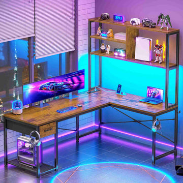 SEDETA® 51.2 Inch L Shaped Computer Desk Reversible Gaming Desk with LED Lights for Small Spaces with Drawer and Shelves