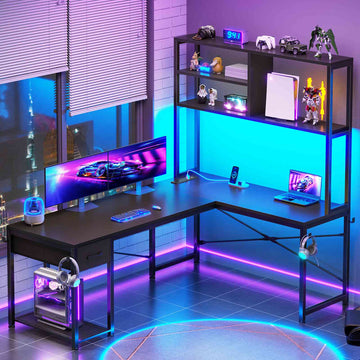 SEDETA 51.2 Inch Reversible L shaped Gaming Desk Small Corner Desk with LED Lights Drawer and Storage Shelves
