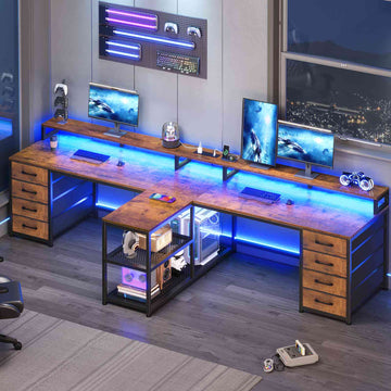 SEDETA® 94.5 Inch Long Office Computer Desk 2 Person Gaming Desk with Monitor Stand LED Lights 8 Drawers and Power Strip