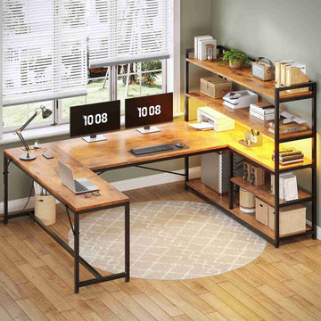 SEDETA | 63 Inch Reversible Corner Computer Desk L Shaped LED Gaming Desk with Storage Shelves and Power Outlet