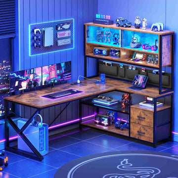 SEDETA | 59 Inch L Shaped Gaming Desk with Glass Display Cabinet & Power Outlet, Super Spacious Corner Computer Table with Storage