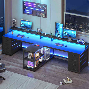 SEDETA 94.5 Inch Two Person Gaming Desk with LED Lights & Outlets, Long Office Computer Desk with 8 Storage Drawers