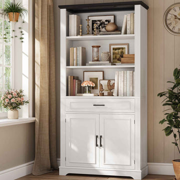 SEDETA® 70 Inch Tall Farmhouse Bookcase with Adjustable Cabinet Shelves and a Drawer 6 Shelf Display Storage for Home Office
