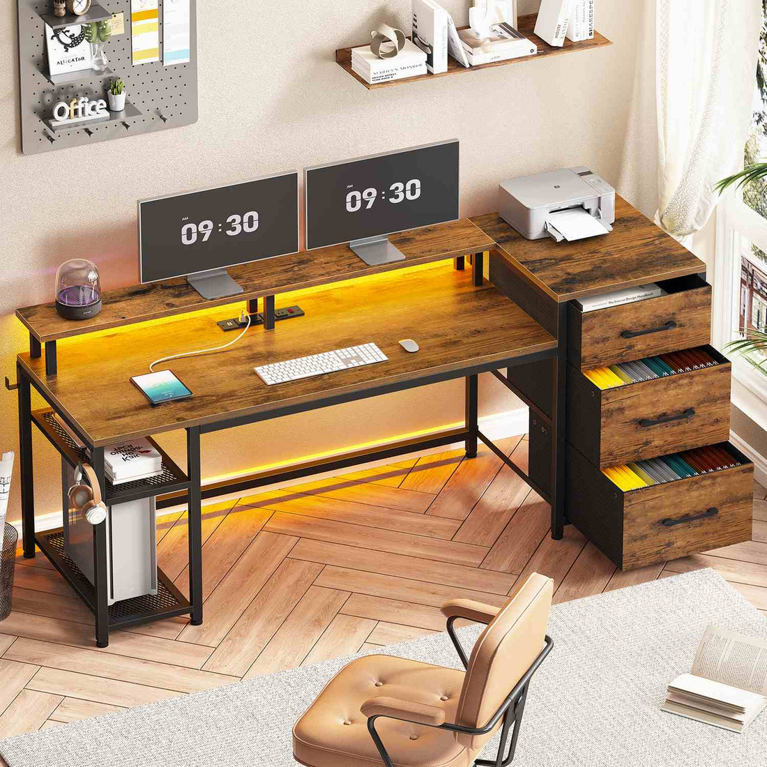 SEDETA_59 Inch Reversible Computer Desk Home Office LED Gaming Table with File Drawers & Storage
