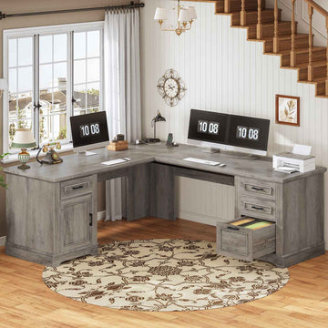 SEDETA_69 Inch Farmhouse Executive L Shaped Desk Corner Computer Desk with Drawers