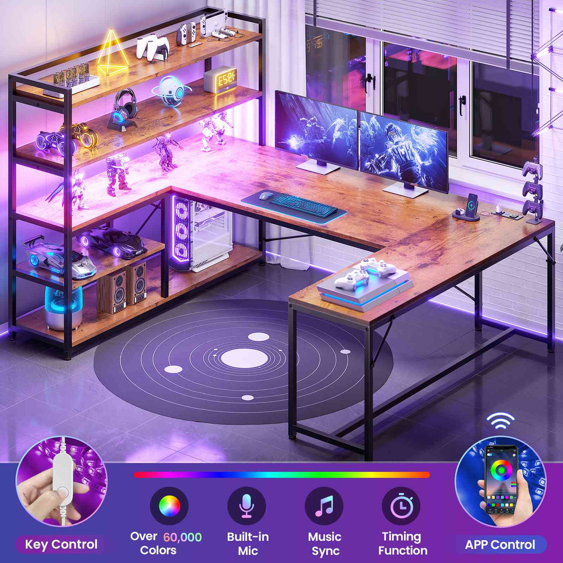SEDETA - 63 Inch L Shaped Gaming Desk Reversible Computer Desk with Power Outlet and Storage Shelves Corner Gaming Desk with LED Lights Bookshelf for Home Office