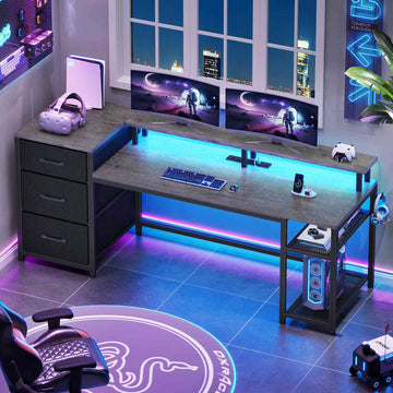 SEDETA® 59 Inch Reversible Computer Desk Home Office LED Gaming Table with File Drawers & Storage