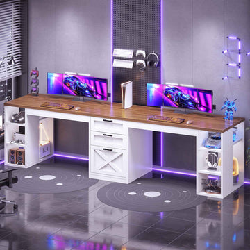 SEDETA | 96.5 Inch Farmhouse Computer Desk Gaming Double Desk with Drawers and Storage Shelves