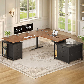 SEDETA 63 Inch L Shaped Electric Standing Desk with 7 Drawers Height Adjustable Stand Up Desk with Power Outlets Sit Stand Desk with Storage Shelves 3 Memory Presets