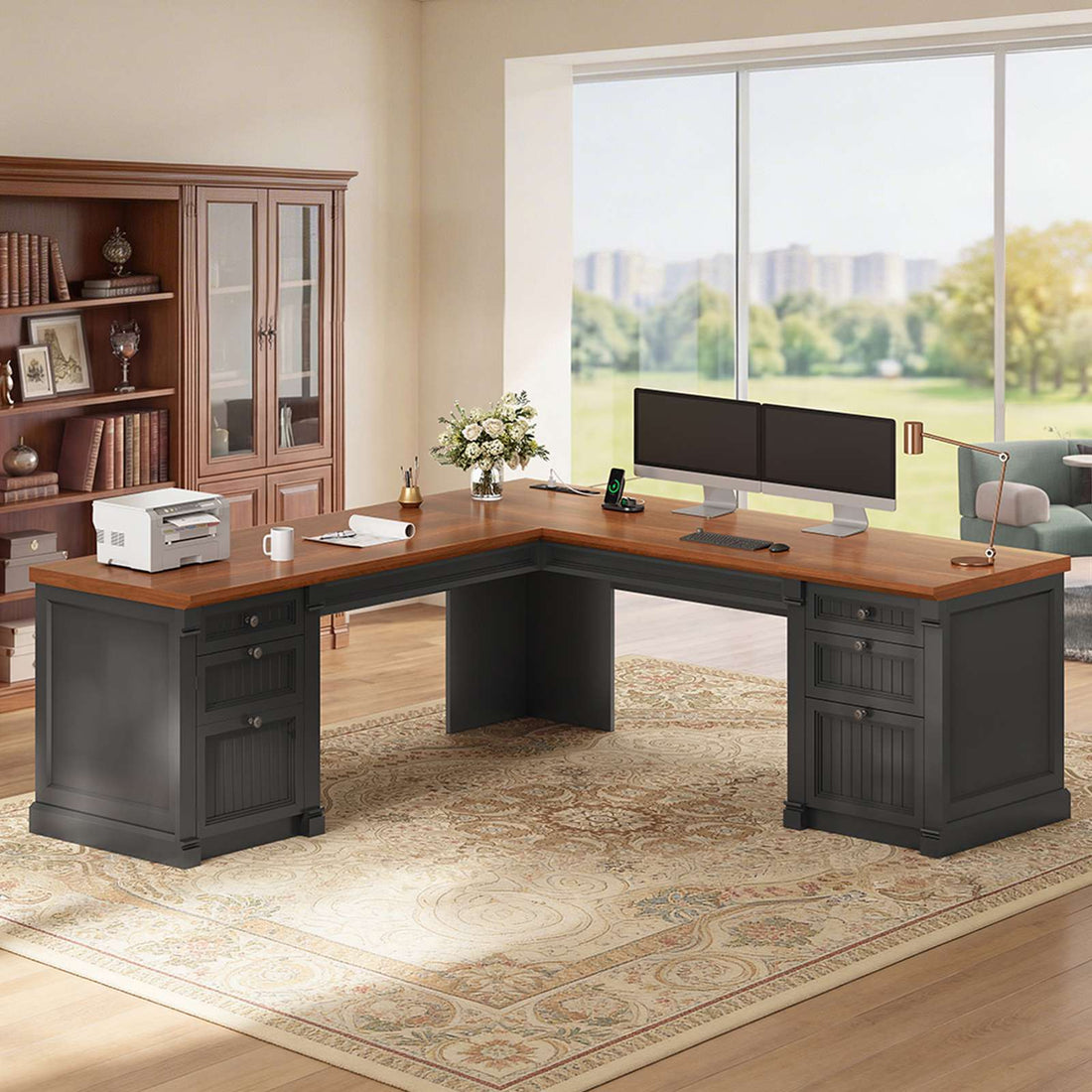 SEDETA | 67 Inch L Shaped Computer Desk with 4 File Drawers, American Style Large Executive Desk with Power Strip & Storage Cabinet