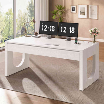 SEDETA® 55 Inch Modern Executive Desk with U-Shaped Legs Wood Computer Desk with Power Outlet Relief Texture Office Desk with 3 Drawers