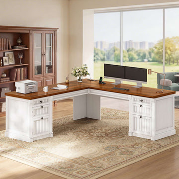 SEDETA 67 Inch L Shaped Computer Desk Large Office Executive  Desk with 4 File Drawers Storage Cabinet Power Strip