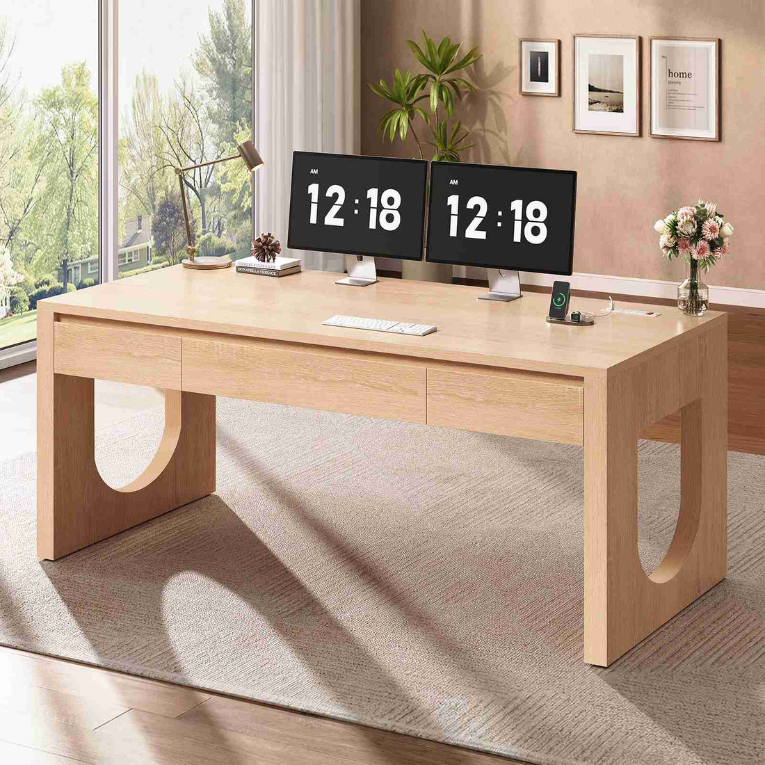 SEDETA | 55 Inch Modern Computer Desk with Power Outlet Home Office Desks with Relief Texture Executive Desk with U-Shaped Legs Office Desk with 3 Drawers