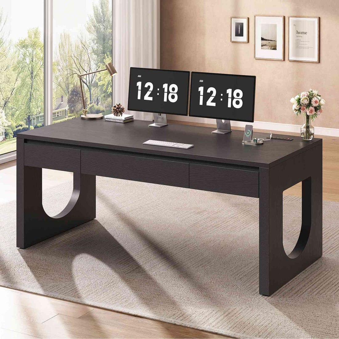 SEDETA 55 Inch Modern Office Desk with 3 Drawers Executive Desk with U-Shaped Legs Wood Computer Desk with Power Outlet Home Office Desks with Relief Texture
