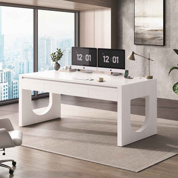 SEDETA 55 Inch Modern Office Desk with 3 Drawers Executive Desk with U-Shaped Legs Wood Computer Desk with Power Outlet Home Office Desks with Relief Texture