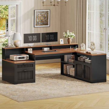 SEDETA | 59 Inch Wood Corner Computer Desk Farmhouse L Shaped Home Office Desk with Monitor Stand Power Outlets File Drawers Storage Cabinet