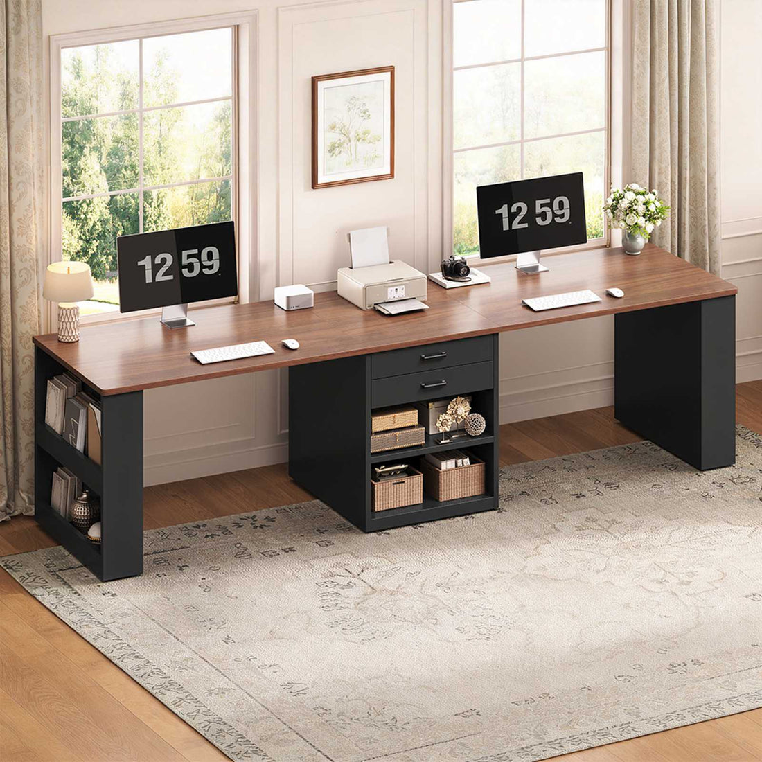 SEDETA | 90.5 Inch Long Office Desk Two Person Computer Desk Wood Writing Desk with Two Drawers Storage Shelves for Home Office