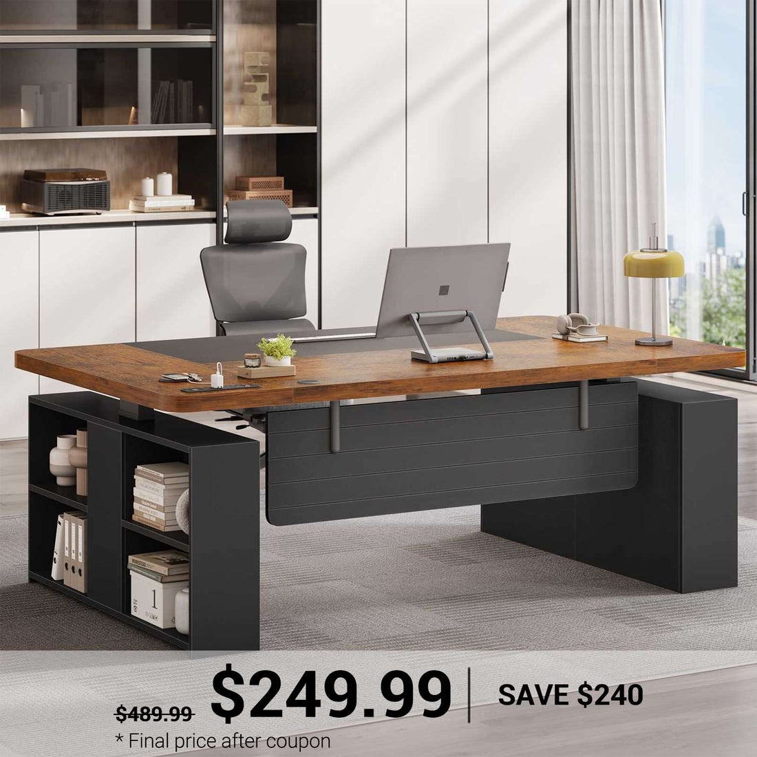 SEDETA | 63 Inch Electric Executive Standing Desk Height Adjustable Computer Desk with Power Outlets Open Shelves with Privacy Panel