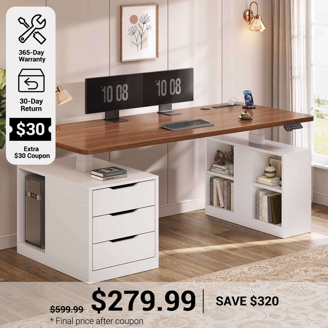 SEDETA® 63 Inch Modern Height Adjustable Computer Desk with 3 Drawers Electric Standing Desk with Storage Shelves Power Outlets Wood Home Office Stand up Desk for Work Study Writing