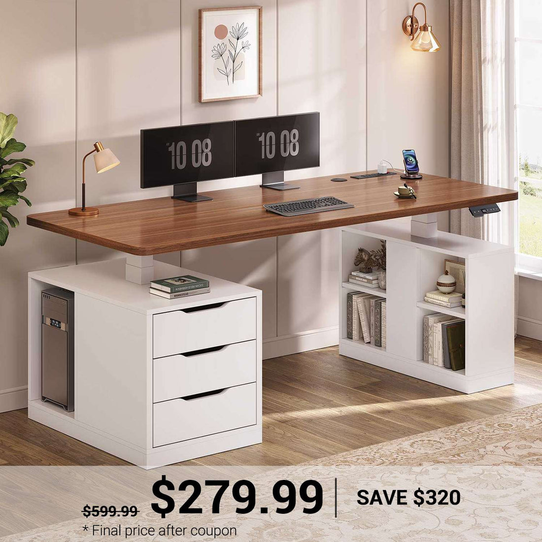 SEDETA | 63 Inch Home Office Stand up Desk with Power Outlets Modern Height Adjustable Computer Desk with 3 Drawers Electric Standing Desk with Storage Shelves for Work Study Writing