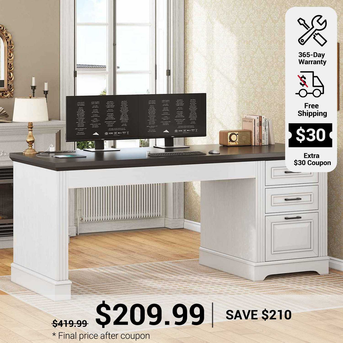 SEDETA 55 Inch Executive Computer Desk with 3 Drawers & Power Outlet, Classical American Style Farmhouse Engineered Wood Table