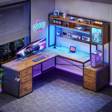SEDETA® 67 Inch Reversible Computer Desk with Drawers Storage Shelves L Shaped Gaming Two Person Desk with Led Lights Power Outlet