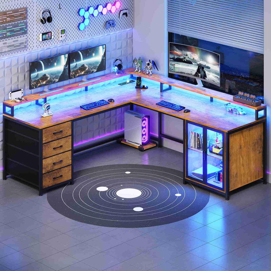SEDETA® 109 Inch Computer Two Person Long Desk Ergonomic Reversible L Shaped LED Gaming Desk with 4 Drawers Display Cabinet Power Outlet