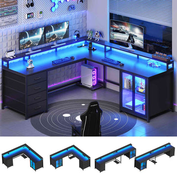 SEDETA | 109 Inch L Shaped Gaming Desk with LED Lights Power Outlet Office Computer Desks with 4 Drawers Display Cabinet