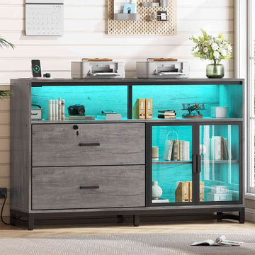 SEDETA | 59 Inch 2 Drawers File Cabinet Display Cabinet with Lock and Power Outlets Printer Stand with Storage