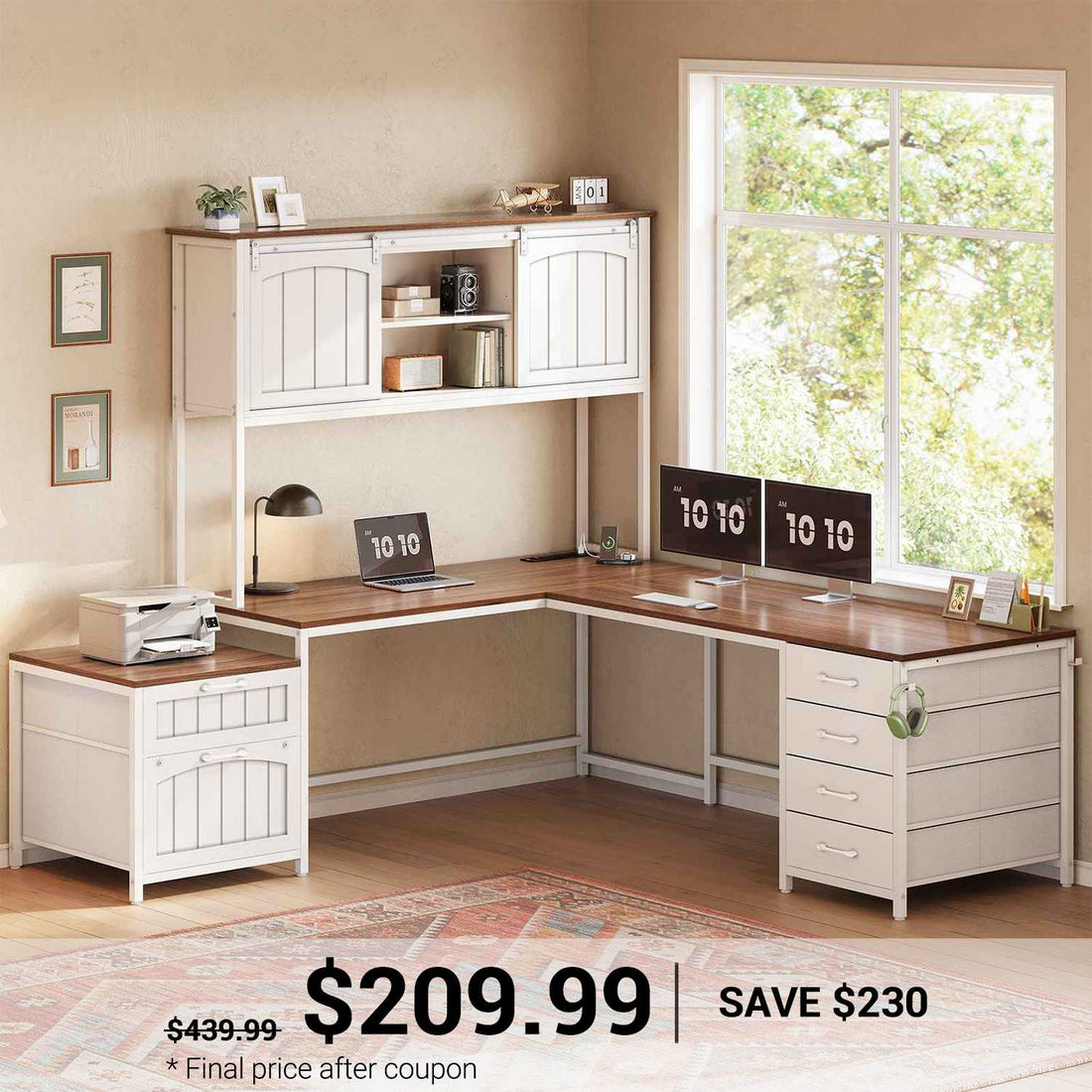 SEDETA 63 Inch Farmhouse L Shaped Computer Desk with 6 Drawers, Reversible Two Person Office Desk with Power Outlet, Storage Shelves & Hutch