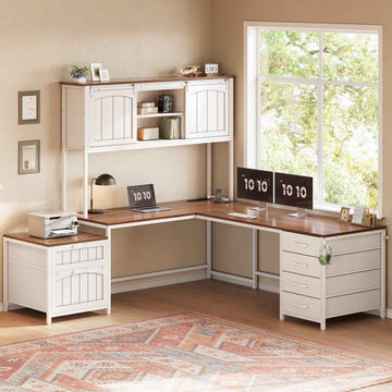 SEDETA 63 Inch Farmhouse L Shaped Computer Desk with 6 Drawers, Reversible Two Person Office Desk with Power Outlet, Storage Shelves & Hutch