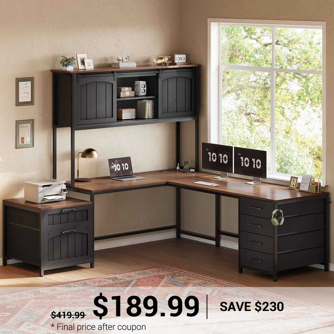 SEDETA | 63 Inch Reversible Computer Desk with 6 Drawers and Storage Shelves Farmhouse L Shaped Office Desk with Power Outlet