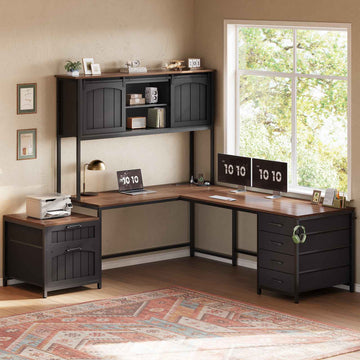 SEDETA | 63 Inch Reversible Computer Desk with 6 Drawers and Storage Shelves Farmhouse L Shaped Office Desk with Power Outlet